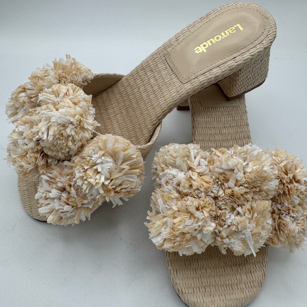 Larroude Tan and Cream Pom-Pom Sandals